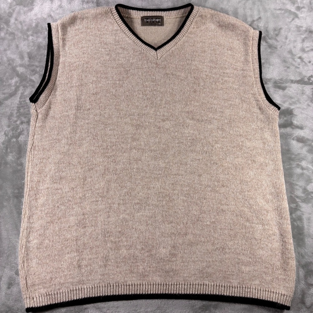 Tag Sport Mens Beige Alpaca Wool V-Neck Knit Sweater Vest Made in USA Medium